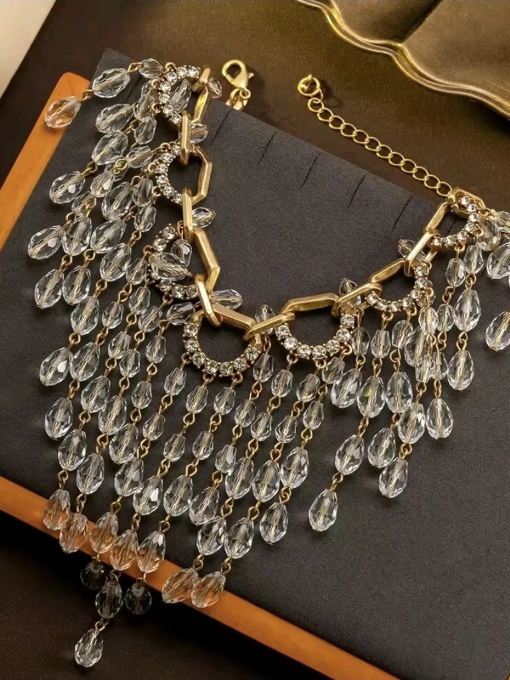 Statement Gold Necklace with Clear Crystal Fringe - Women's Jewelry